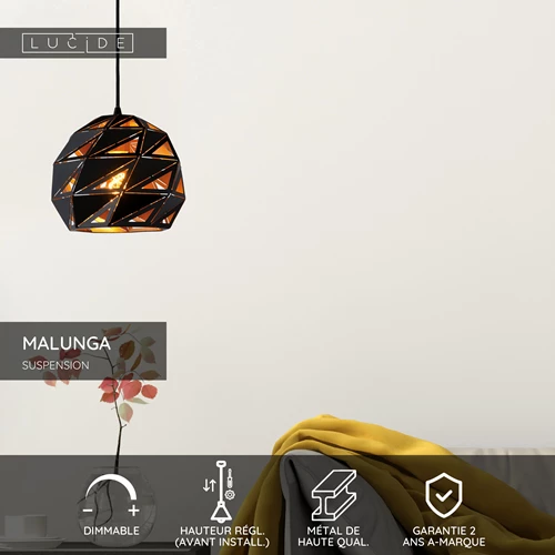 Lucide MALUNGA - Suspension - Ø 25 cm - 1xE27 - Noir - USP